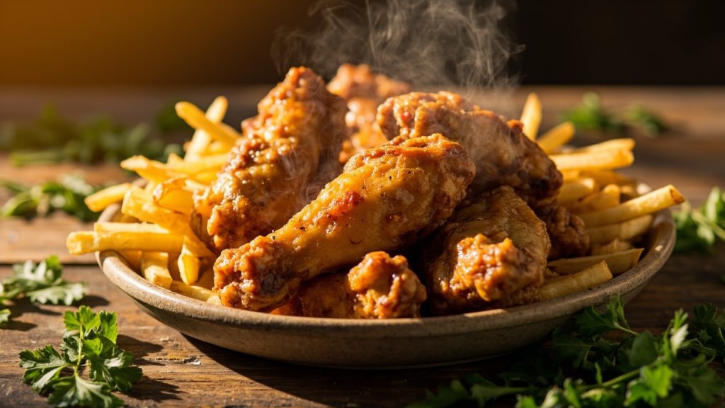 chicken wings and fries